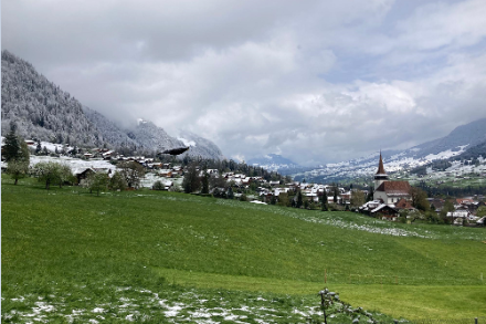 Ce jeudi 18 avril, l’été et l’hiver semblent se mêler dans le village de Frutigen (800 m : Oberland bernois). Source : Crowdsourcing@MétéoSuisse