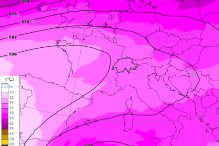 Température (couleur) et hauteur du géopotentiel à 500 hPa (contours noirs) le 12 avril 2024 à 12 UTC.