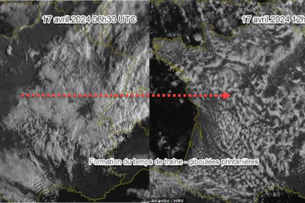 Image satellite visible EUMETSAT montrant la formation de cumulus (temps de traîne)