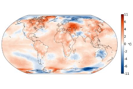 Distribution mondiale des anomalies de température en avril 2024. L’écart (en °C) à la norme 1991-2020 est représenté. Source : Copernicus