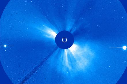 Coronagraphie livrée par le Solar and Heliospheric Observatory (SOHO) montrant les éjections de masse coronale (CME) issues de la surface du soleil ces derniers jours., Source : ESA/NASA