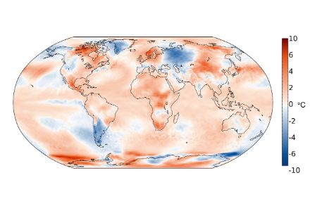 Fig. 1 : Distribution mondiale des anomalies de température en mai 2024. Il s’agit ici d'écart (en °C) par rapport à la norme 1991-2020.  Source : Copernicus