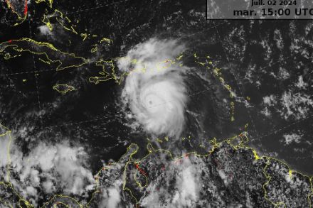 L'ouragan Beryl mardi 3 juillet 20204 à 15 UTC (17h suisse) Source : Satellite GOESE - visible