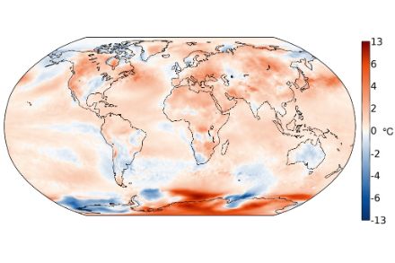 Distribution mondiale de la température en juillet 2024. L’écart (en °C) à la norme 1991-2020 est représenté. 