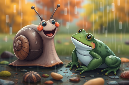 Une grenouille et un escargot sous la pluie