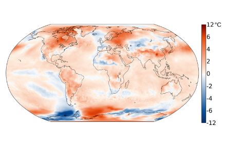 Distribution mondiale de la température en septembre 2024. L’écart (en °C) à la norme 1991-2020 est représenté. 