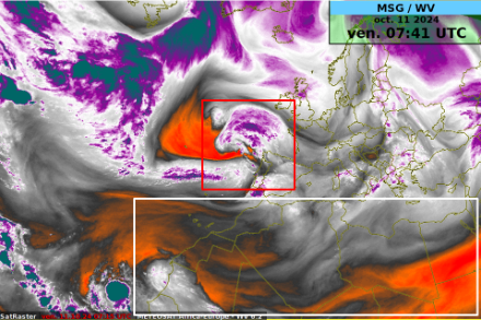 Image prise par le satellite MSG ce vendredi 11 octobre 2024, montrant la vapeur d’eau au-dessus de l’Europe et du nord de l’Afrique. Les plages mauves montrent des régions saturées en vapeur d’eau et les plages orange des régions pauvres en vapeur d’eau. Source : NinJo@MétéoSuisse et Eumetsat.