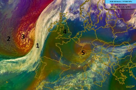 Image satellite « airmass RGB » sur l’Europe le 24 octobre 2024 à 07:15 UTC. Les chiffres correspondent aux explications dans le texte.