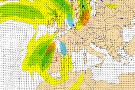 Carte des vents et des cœurs de jet-stream à 300 hPa (env. 10'000 m) du dimanche 27 octobre 2024 à 12 UTC. Les flèches rouges représentent l’accélération centripète, les ellipses rouges les zones d’ascendance dynamique et les ellipses bleues les zones de subsidence dynamique. Source : EC-Charts@ECMWF