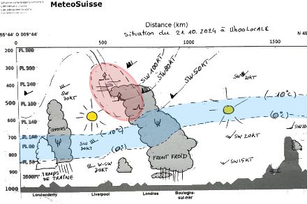 Coupe météorologique des Alpes aux îles britanniques 2024.10.21 (MétéoSuisse)