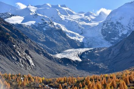 Montagnes couvertes de glaciers et ciel bleu.