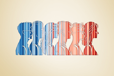 Représentation des Climate Stripes (état 2024) en silhouettes de climatologues. (Johanna Novak)
