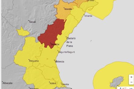 Avertissement en cours dans la région entre Valence et Tarragone, état du 3 mars 2025 à 16h. Source : AEMET