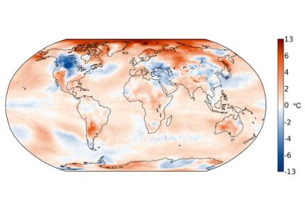 Figure 1. Distribution mondiale de la température en février 2025. L’écart (en °C) à la norme 1991-2020 est représenté. Source : Copernicus Climate Change Service/ECMWF