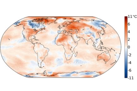Figure 1. Distribution mondiale de la température en mars 2025. L’écart (en °C) à la norme 1991-2020 est représenté. Source : Copernicus Climate Change Service/ECMWF