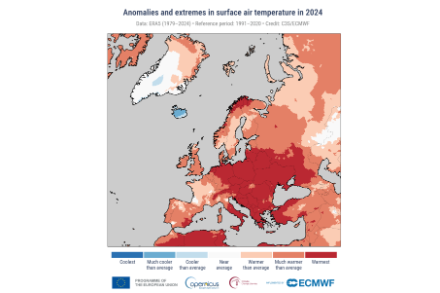 Ecart de la température de l'air en 2024 sur le continent européen par rapport à la période de référence 1991-2020. Les zones en rouge ont connu l’année la plus chaude depuis le début des mesures. 