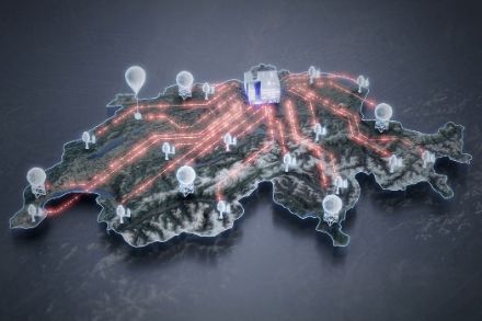 Illustration d’une carte de la Suisse avec un réseau de stations météo, ballons et radar, tous connectés à un centre central. Les lignes rouges symbolisent les flux de données.