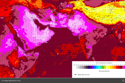 Températures prévues samedi 24 mai par le modèle du centre européen juste avant la dégradation orageuse. Source : ECMWF