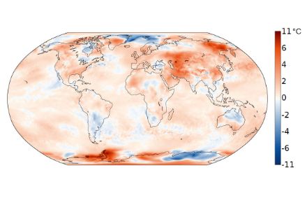 Distribution mondiale de la température en avril 2025. L’écart (en °C) à la norme 1991-2020 est représenté. Source : Copernicus 