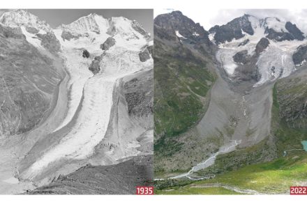 Recul des glaciers dans les Alpes : comparaison de l’état des glaciers entre 1935 et 2022.