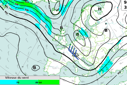 Carte à 300 hPa (environ 9500 mètres d'altitude) prévue par l'IFS (ECMWF) pour le jeudi 31 juillet à 5 heures du matin. Un courant de nord-ouest est bien installé et fait affluer de l'air parfois plus humide de l'Atlantique à la Suisse.