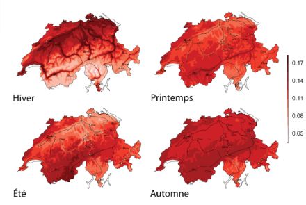 Une carte de la Suisse est présentée pour chaque saison. Selon la région, les cartes sont colorées en rouge clair à rouge foncé, en fonction de l'ampleur du réchauffement.