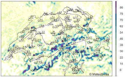 Carte de la Suisse avec code couleur indiquant la fréquence des jours de fortes rafales de vent