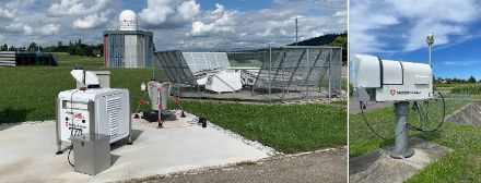 Photos d'un profileur de vent radar et lidar et d'un radiomètre de température et d'humidité.